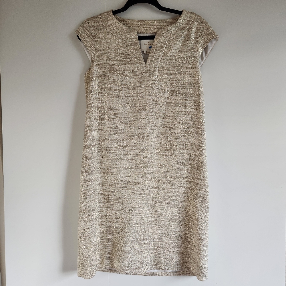 Kate Spade Heleen Gold Metallic Tweed Cocktail Dress Size 6 Wedding Guest Shift